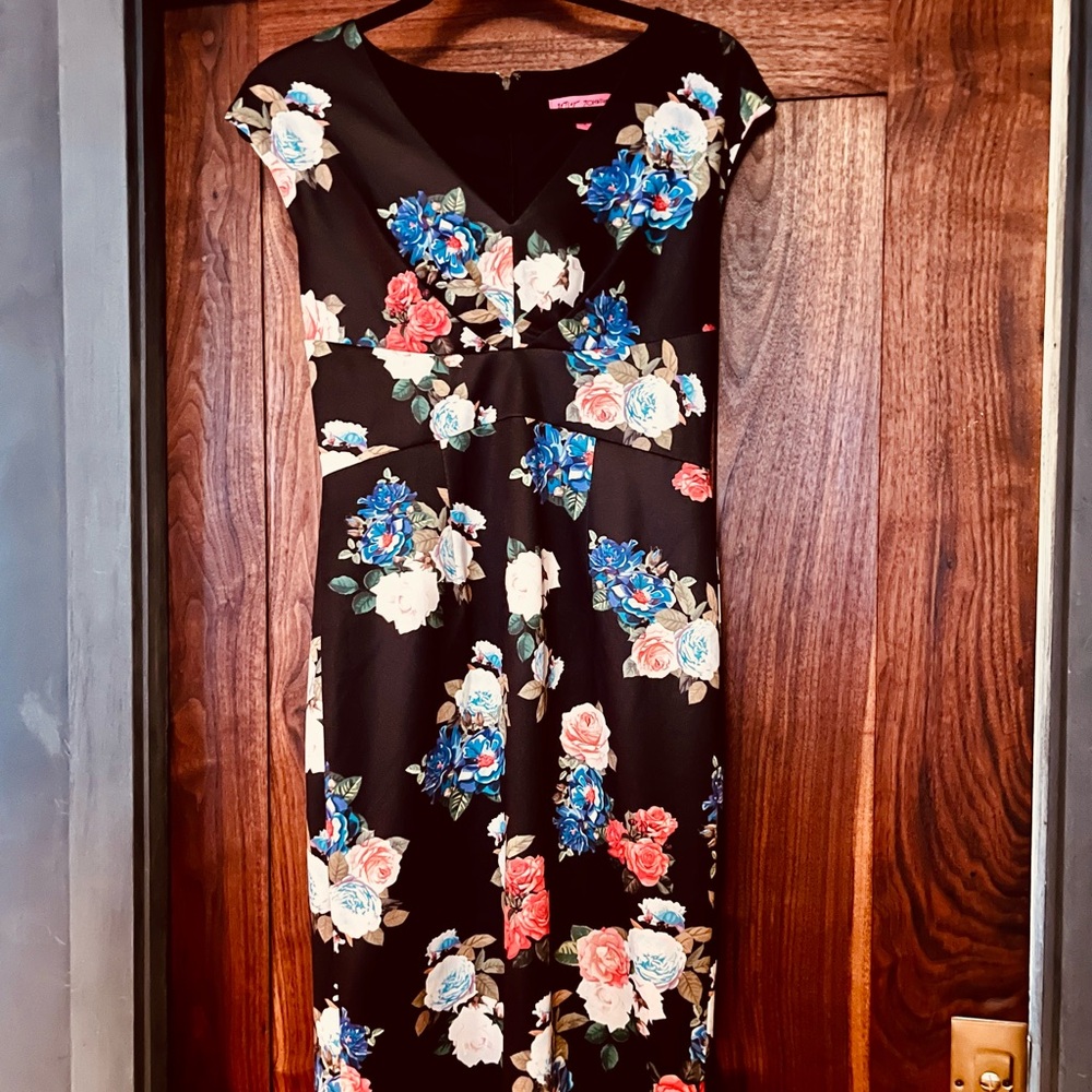 Betsey Johnson Black Dress with Blue and Pink Floral Design
